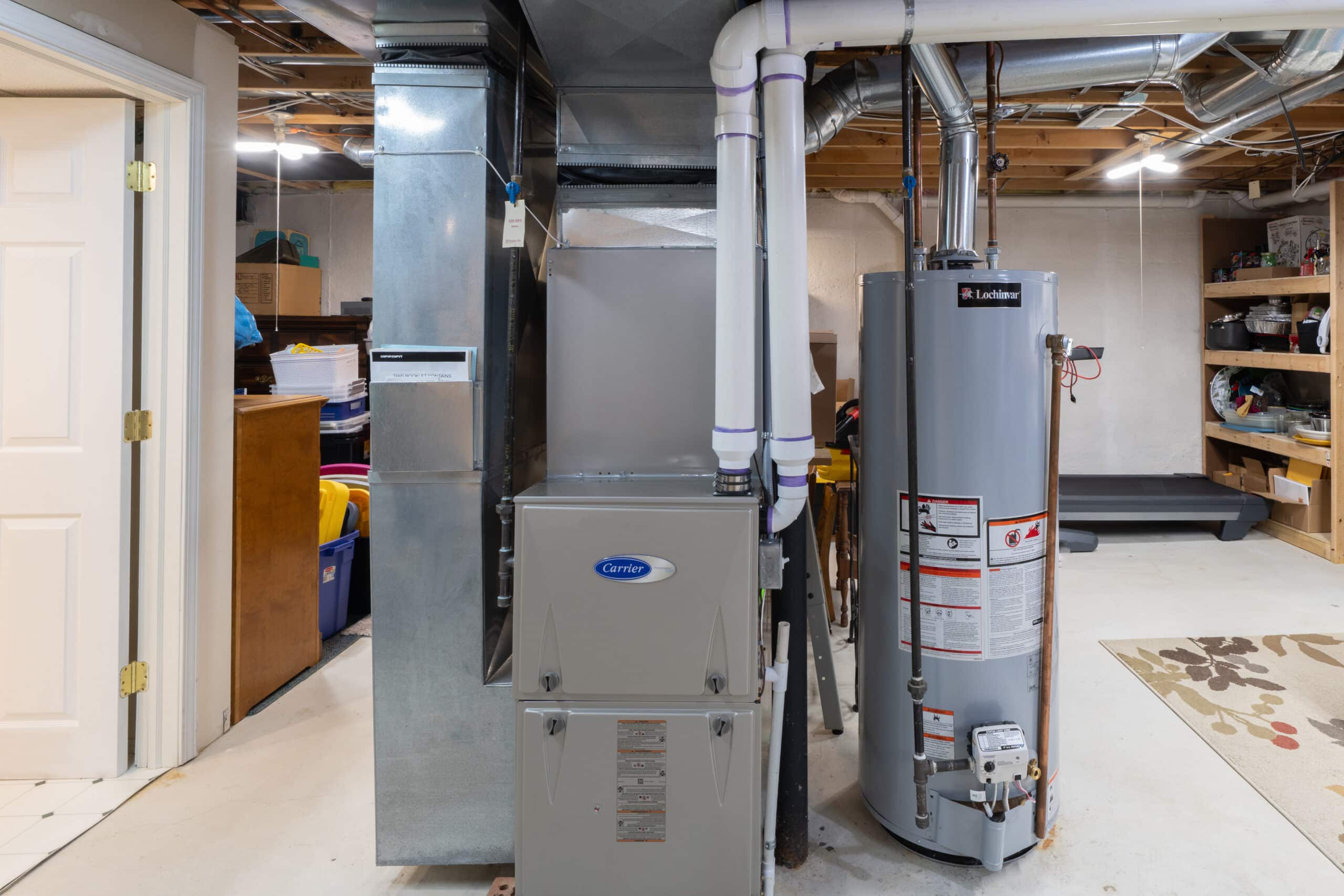 furnace with water heater in an unfinished basement
